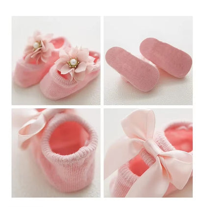 3 Pairs Baby Girl Ankle Socks Lace Bow Infant Anti Slip Socks Newborn Princess Pearl Low Cut Socks Children Home Floor Shoes