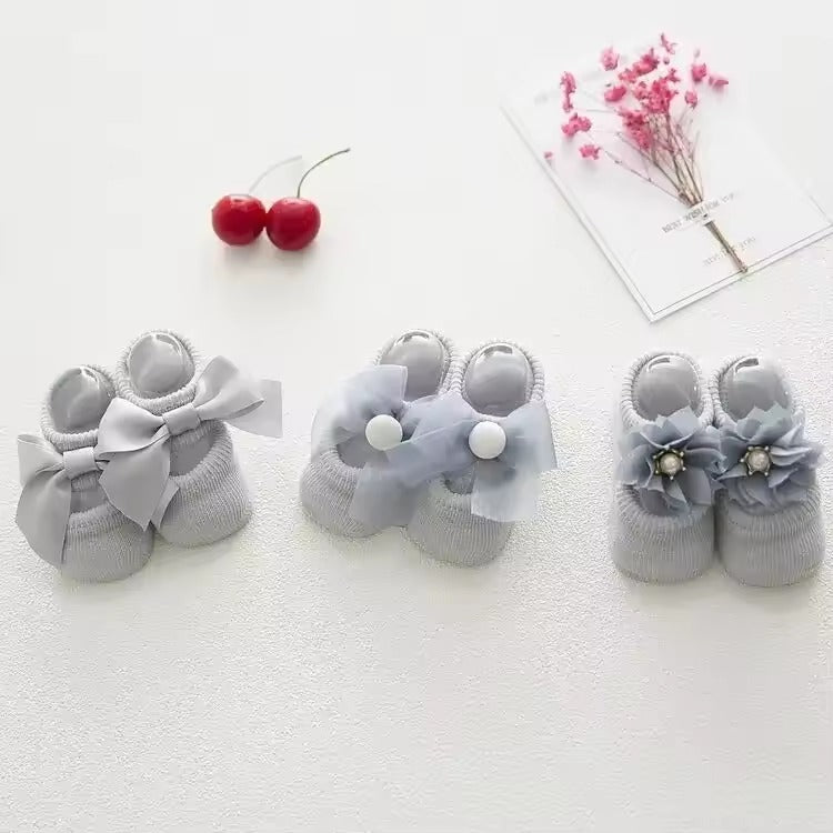 3 Pairs Baby Girl Ankle Socks Lace Bow Infant Anti Slip Socks Newborn Princess Pearl Low Cut Socks Children Home Floor Shoes