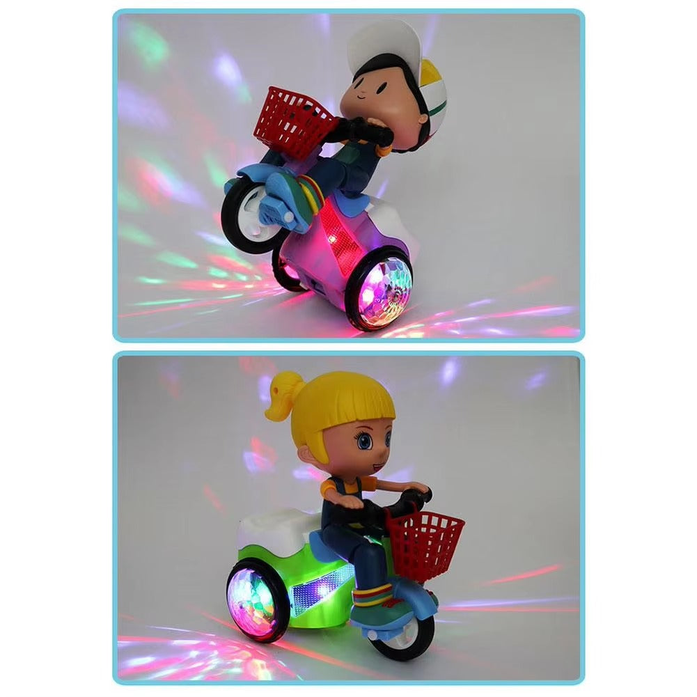 Music Stunt Cool Tricycle Car 360 Degree Rotate Luminous Motorcycle Model Family Dollhouse Miniature Furniture Playhouse Decor