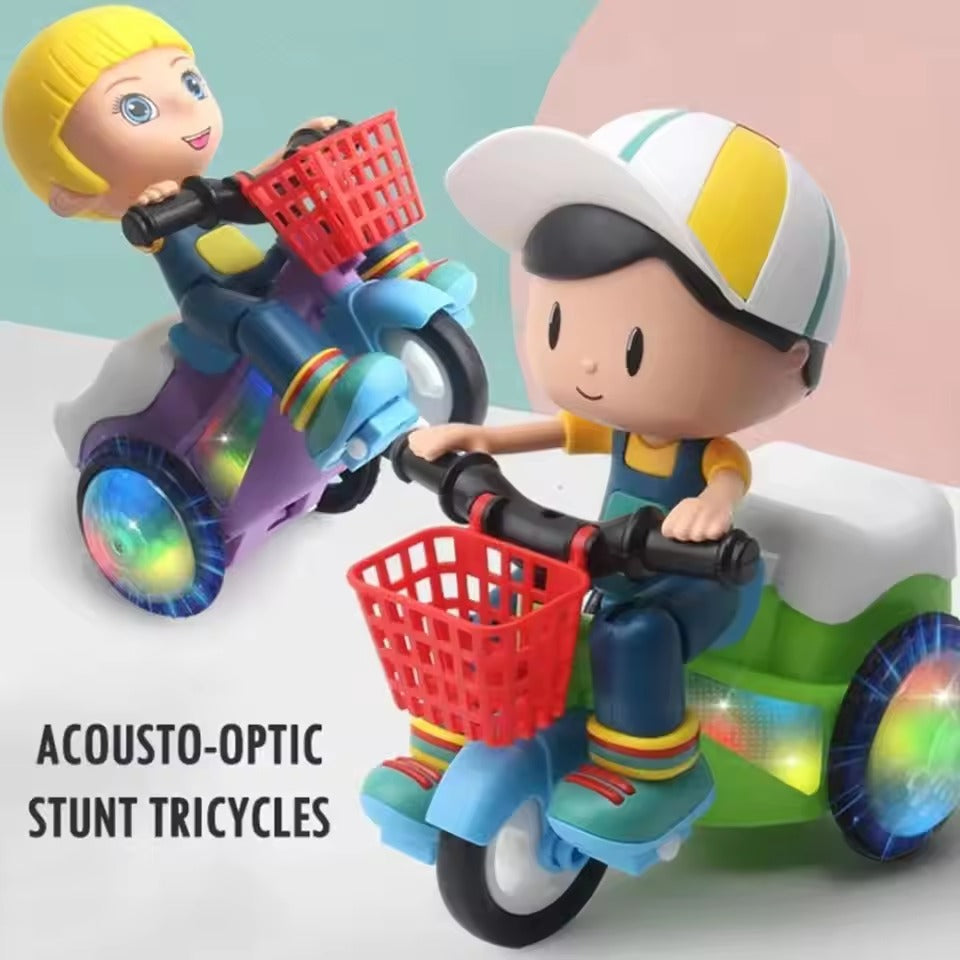 Music Stunt Cool Tricycle Car 360 Degree Rotate Luminous Motorcycle Model Family Dollhouse Miniature Furniture Playhouse Decor