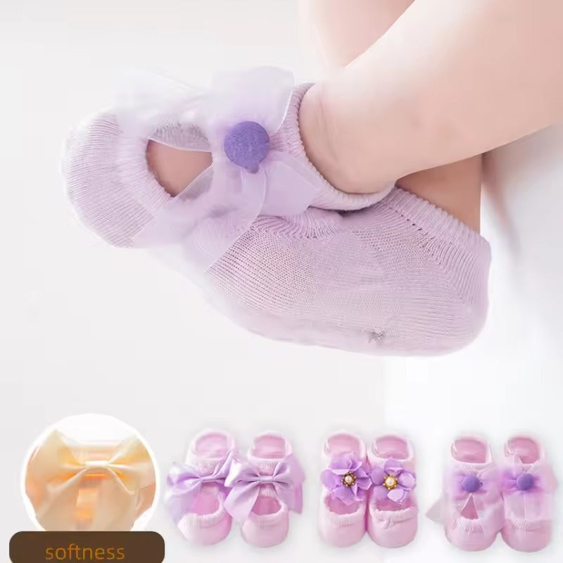 3 Pairs Baby Girl Ankle Socks Lace Bow Infant Anti Slip Socks Newborn Princess Pearl Low Cut Socks Children Home Floor Shoes