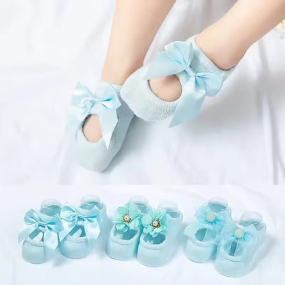 3 Pairs Baby Girl Ankle Socks Lace Bow Infant Anti Slip Socks Newborn Princess Pearl Low Cut Socks Children Home Floor Shoes