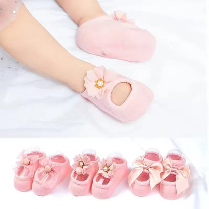 3 Pairs Baby Girl Ankle Socks Lace Bow Infant Anti Slip Socks Newborn Princess Pearl Low Cut Socks Children Home Floor Shoes