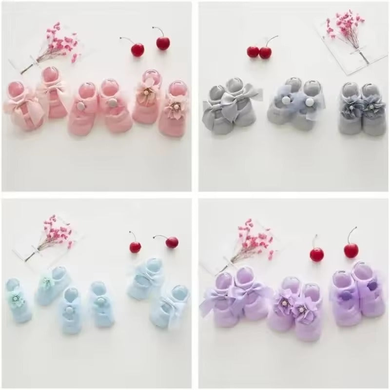 3 Pairs Baby Girl Ankle Socks Lace Bow Infant Anti Slip Socks Newborn Princess Pearl Low Cut Socks Children Home Floor Shoes